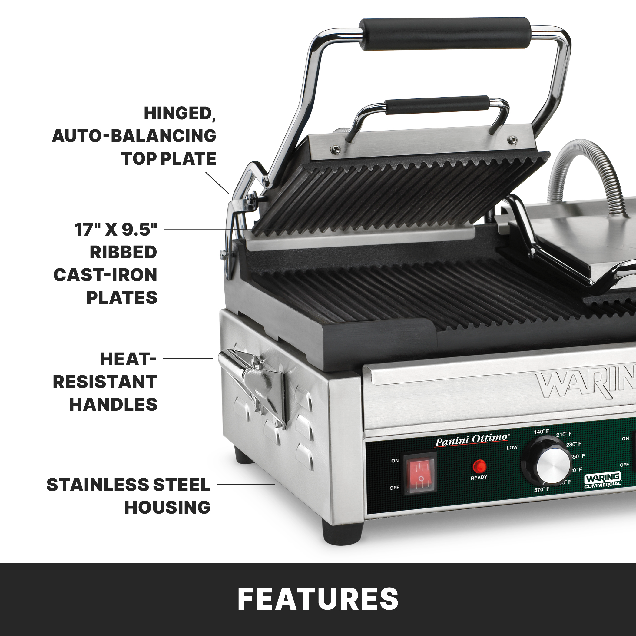Double Ribbed Panini Grill, 17" x 9.5"